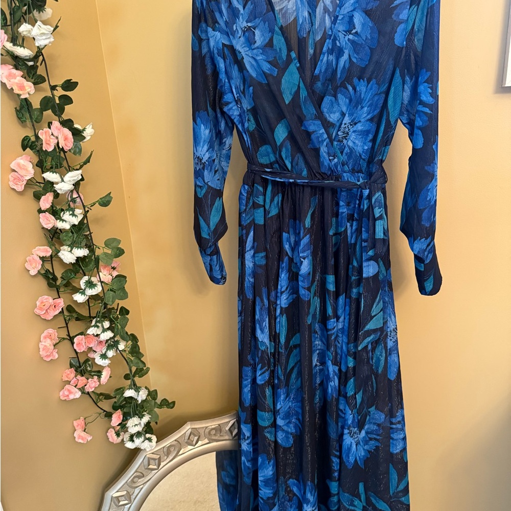 Elegant Blue Floral Dress Ankle length summer occasion dress